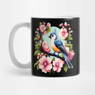 Cute Tufted Titmouse Surrounded by Vibrant Spring Flowers Mug